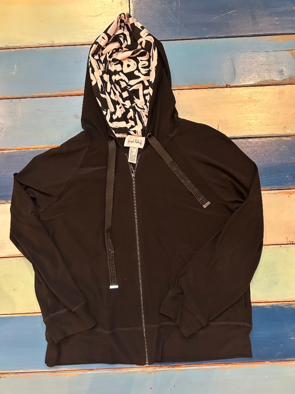 Joseph Ribkoff Black Hooded Zip Jacket Crystal Drawstrings Size 12
